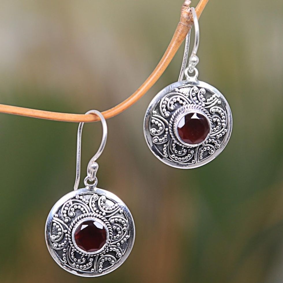 Handcrafted Balinese Sterling Silver Garnet Earrings 'Balinese Aura'