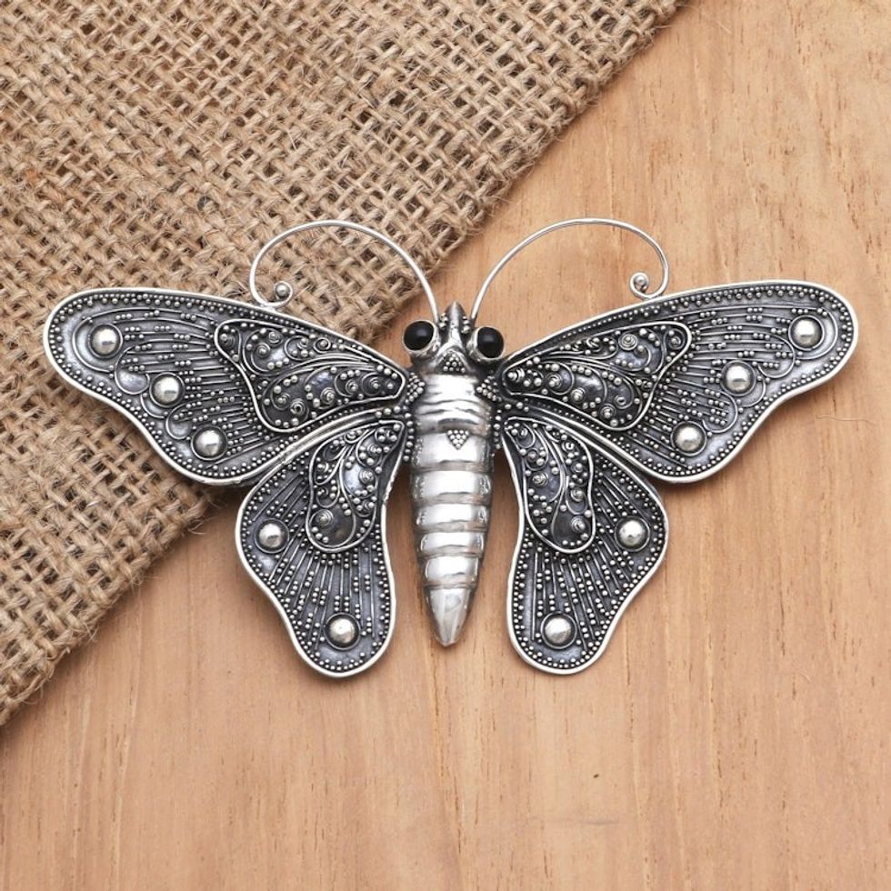 Sterling Silver and Onyx Butterfly Brooch 'Breathtaking Butterfly'