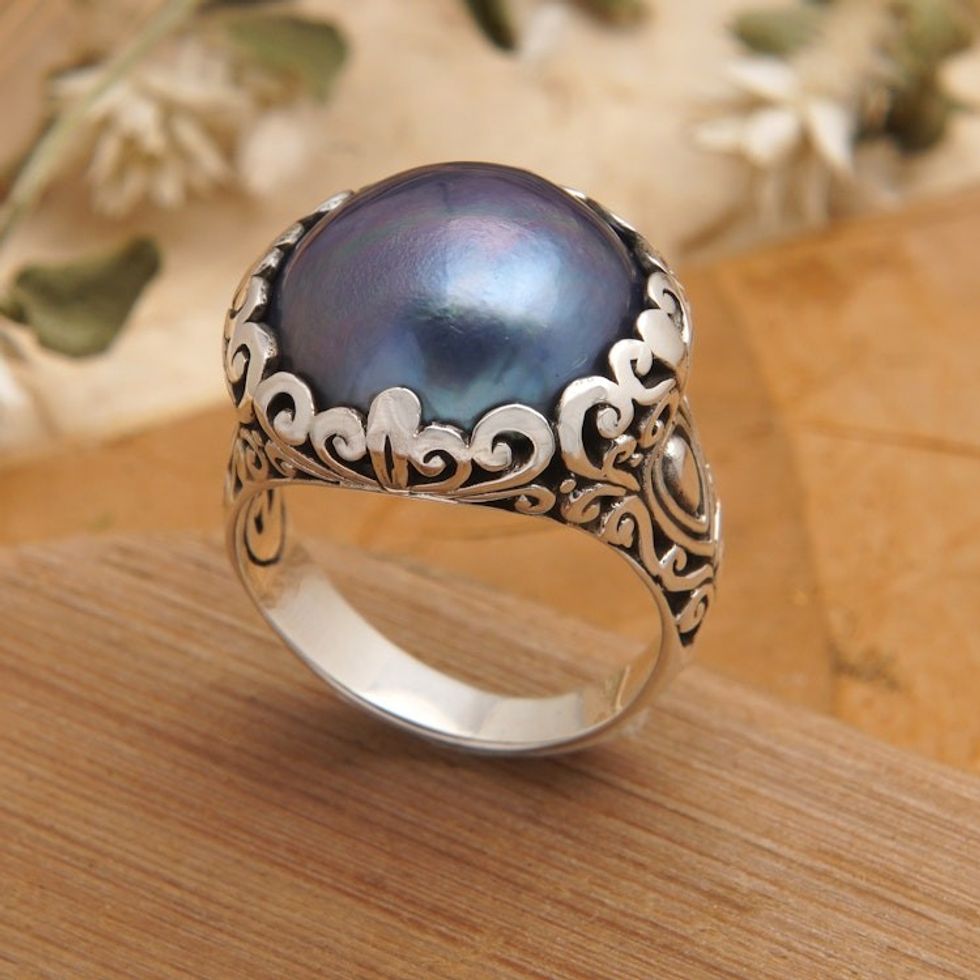 Sterling Silver Domed Ring with Blue Cultured Mabe Pearl 'Palatial Splendor'