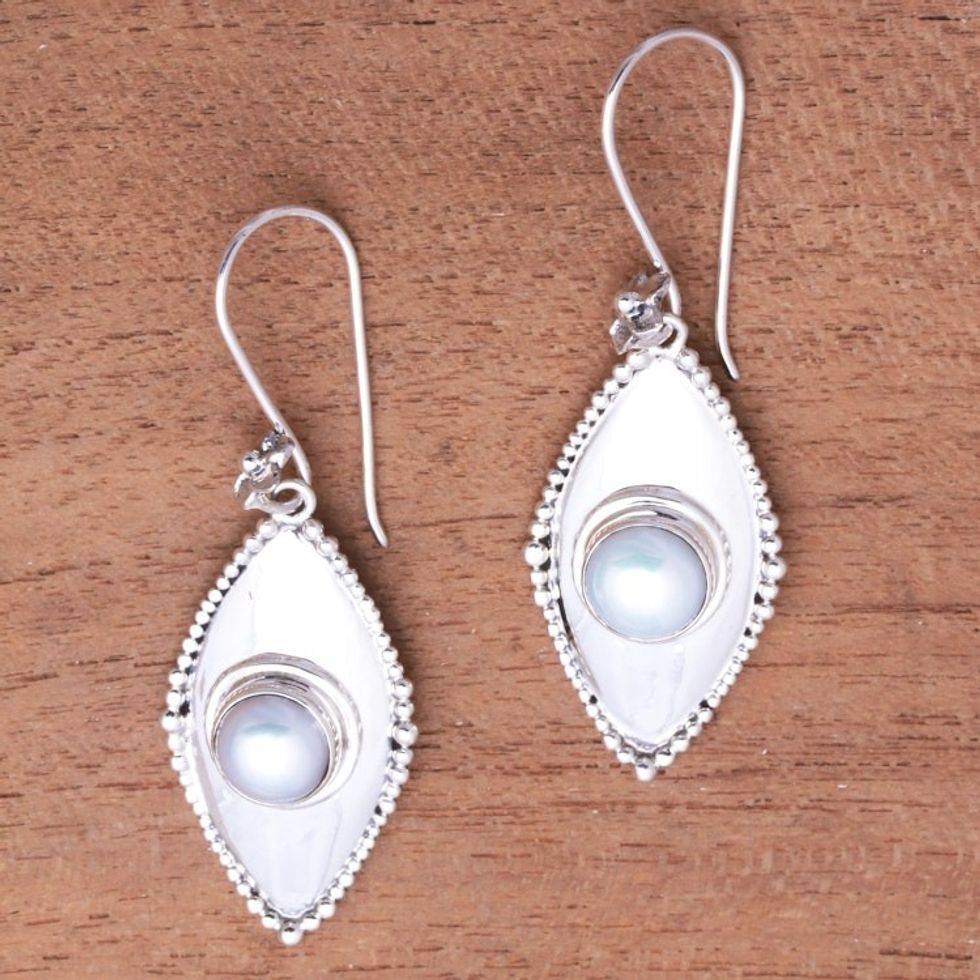 Cultured Pearl Dangle Earrings Crafted in Bali 'Moonlight Shields'