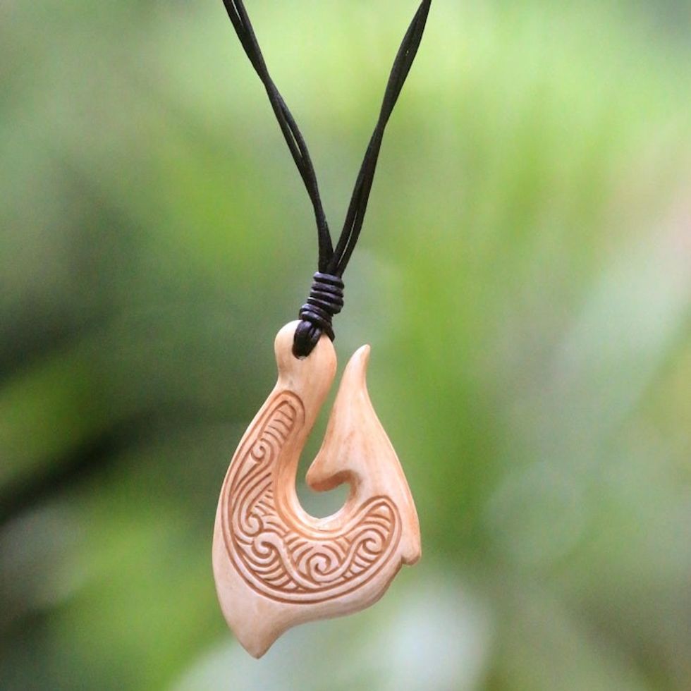 Hand Made Cow Bone Pendant Necklace from Indonesia 'Traditional Fishing Hook'