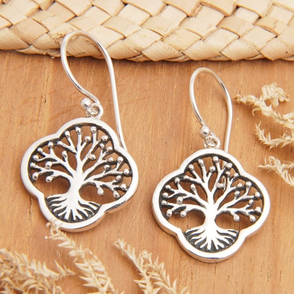 Sterling Silver Tree Dangle Earrings with Openwork Accents 'Revered Tree'