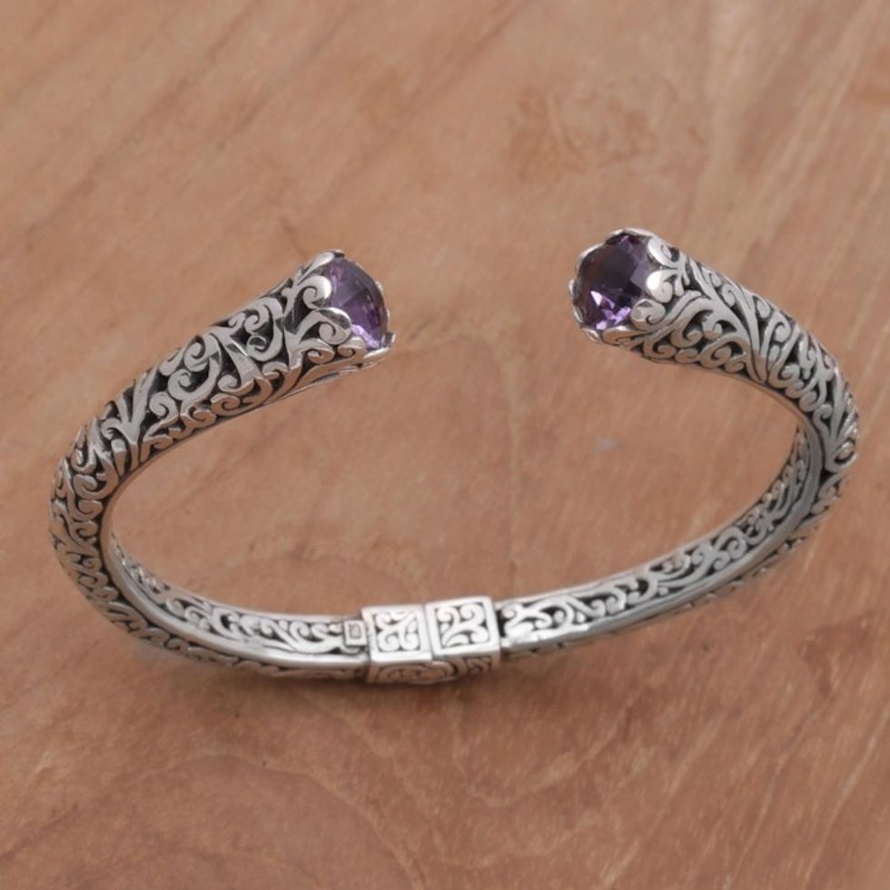 Amethyst and 925 Sterling Silver Spiral Motif Cuff Bracelet 'Spiral Engagement'