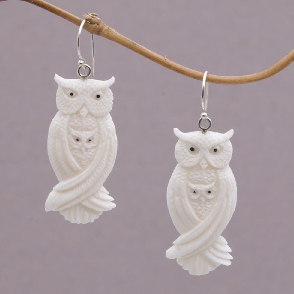 Handcrafted Bone Owl Family Dangle Earrings from Bali 'Owl Bond'