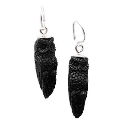 Alternate image for Dark Horn Owl-Shaped Dangle Earrings Hand-Carved in Bali Night Owls