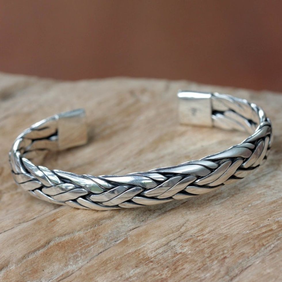 Braided Sterling Silver Cuff Bracelet from Bali 'Singaraja Weave'