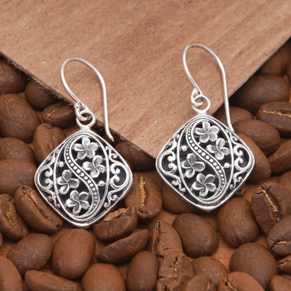 Diamond-Shaped Traditional Floral Dangle Earrings from Bali 'Frangipani Spirits'