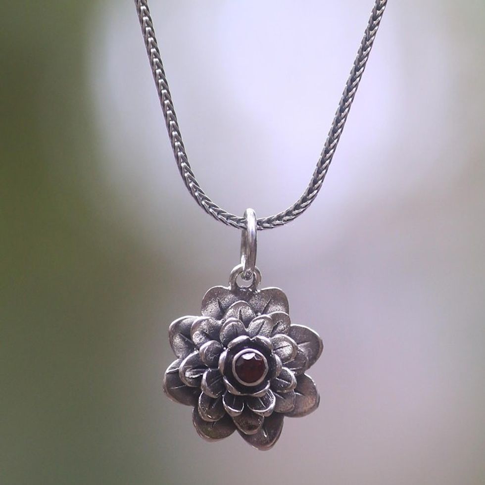 Floral Sterling Silver Garnet Pendant Necklace 'Sacred Red Lotus'