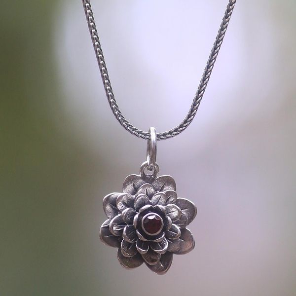 Alternate image for Floral Sterling Silver Garnet Pendant Necklace Sacred Red Lotus