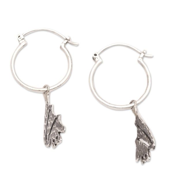 Alternate image for Sterling Silver Whimsical Bat Hoop Dangle Earrings Nocturnal Presence