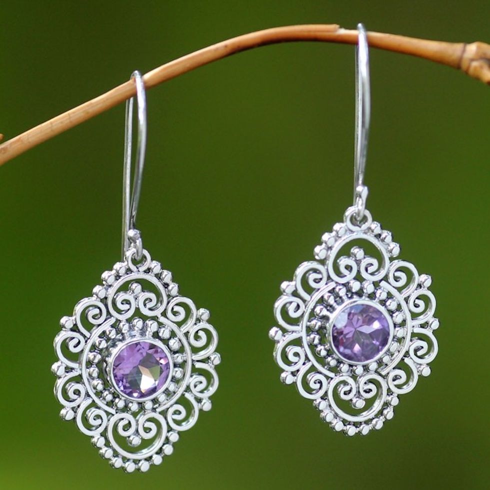 Sterling Silver and Amethyst Dangle Earrings 'Royal Medallion'