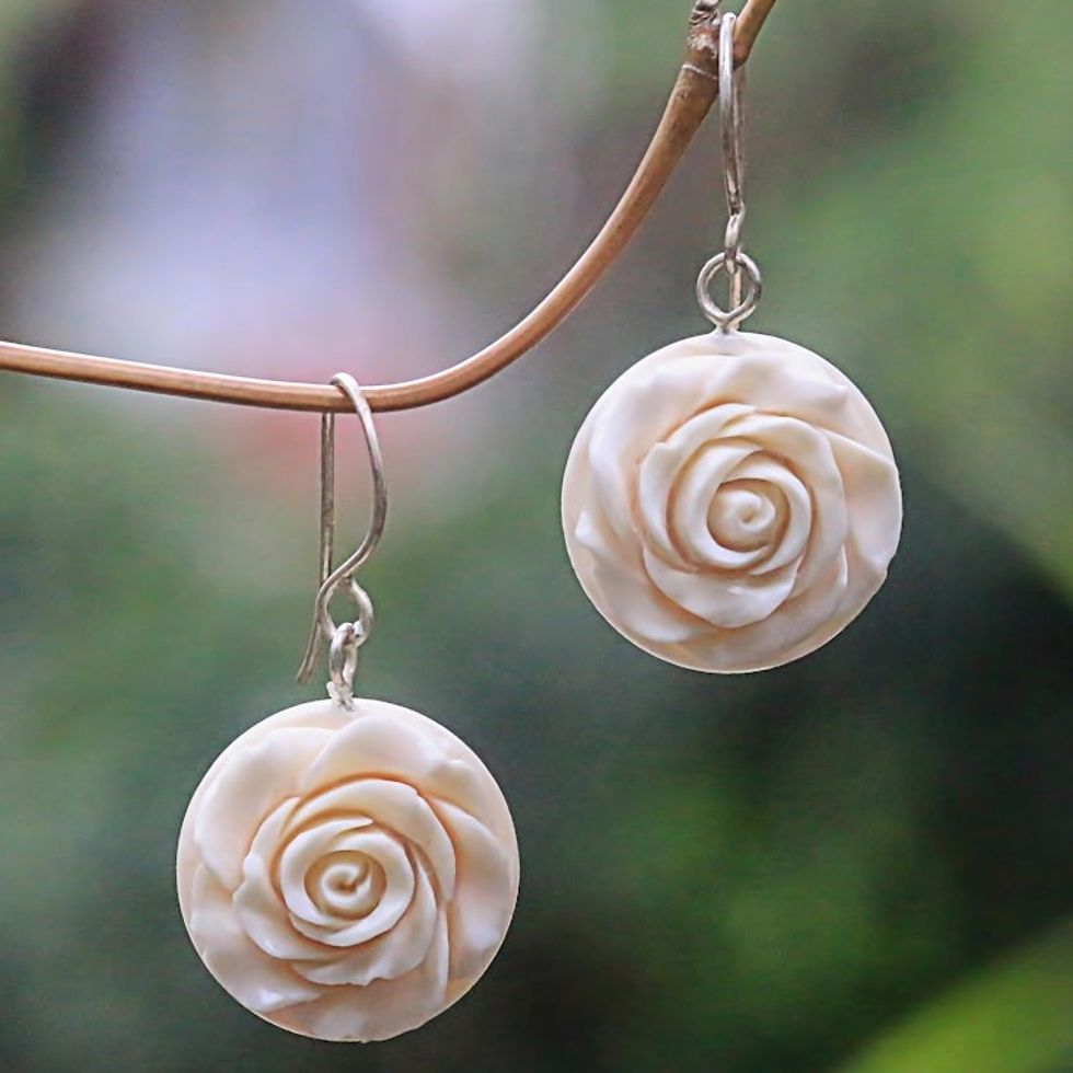 White Rose Dangle Earrings Hand Carved of Bone 'Glorious Rose'