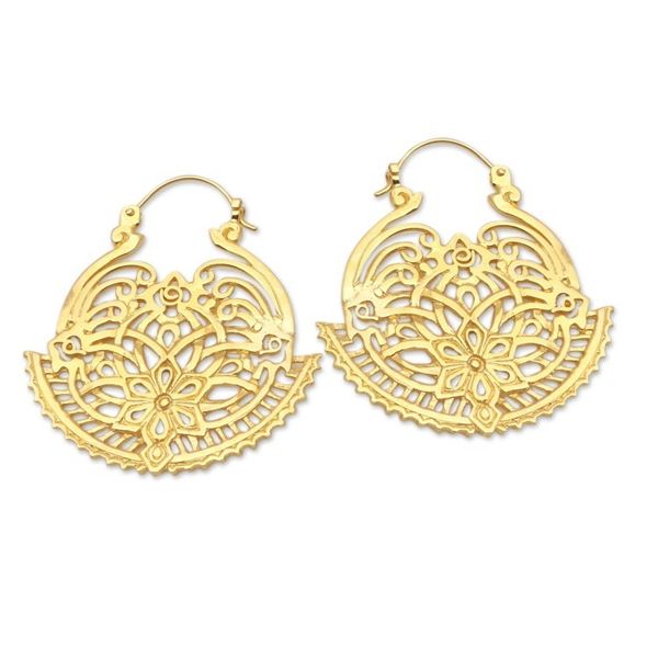 Alternate image for Artisan Made Gold-Plated Brass Hoop Earrings Swaying Blossoms