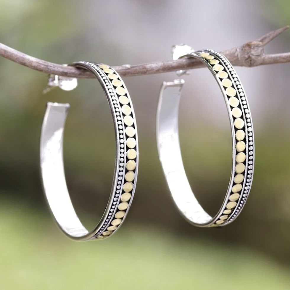 Gold Accent Sterling Silver Half-Hoop Earrings Indonesia 'Edge of Sunrise'