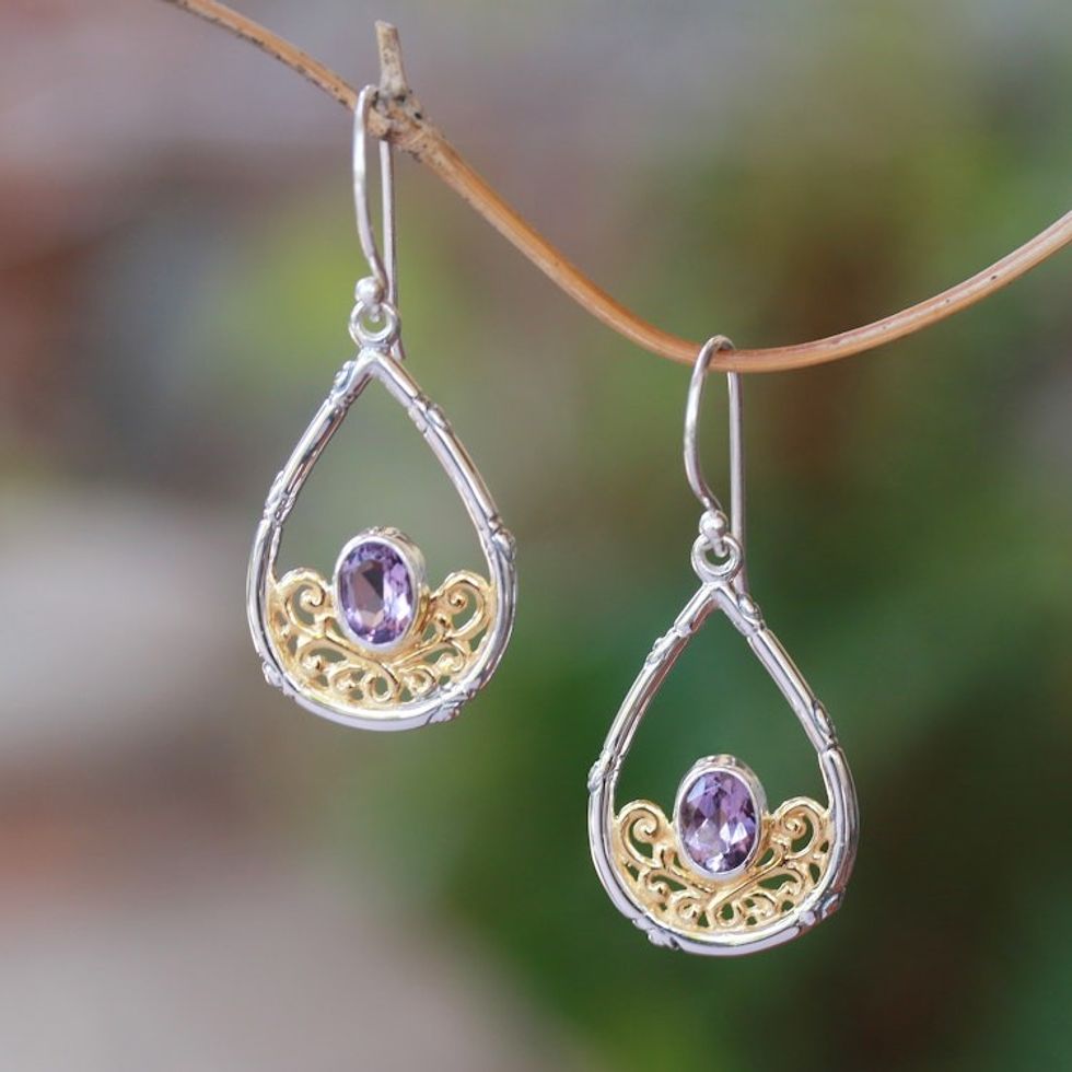 Gold Accented Amethyst Dangle Earrings from Bali 'Beautiful Cradle'