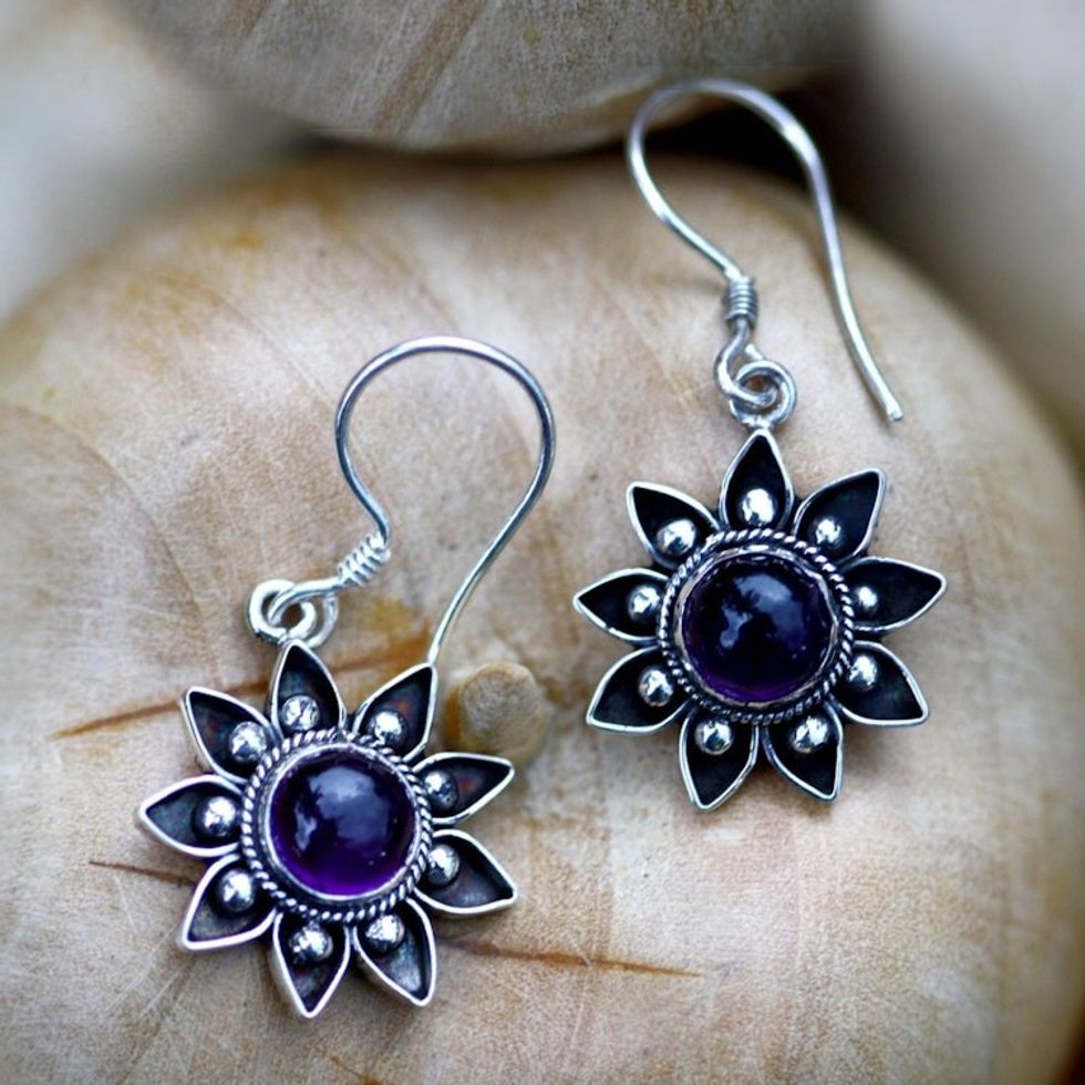Floral Sterling Silver Amethyst Earrings 'Sunflowers'