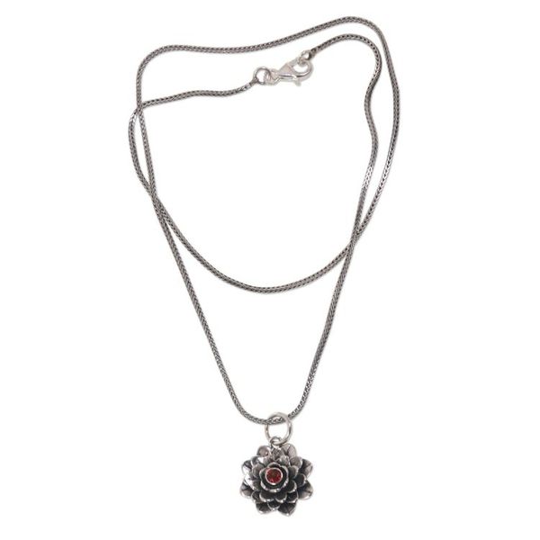Alternate image for Floral Sterling Silver Garnet Pendant Necklace Sacred Red Lotus