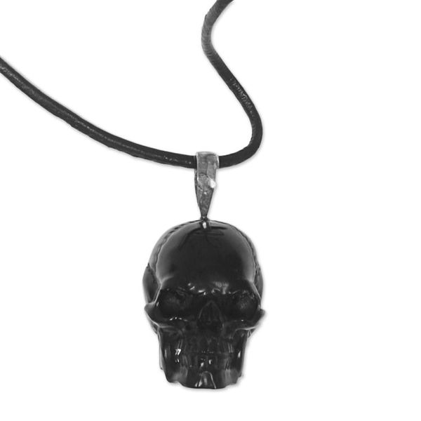 Alternate image for Carved Bone Skull Pendant on Cord Handmade in Indonesia Black Skull