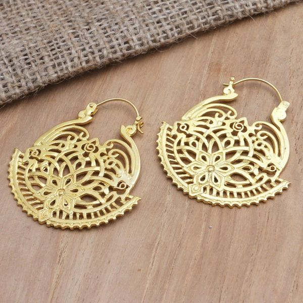 Alternate image for Artisan Made Gold-Plated Brass Hoop Earrings Swaying Blossoms