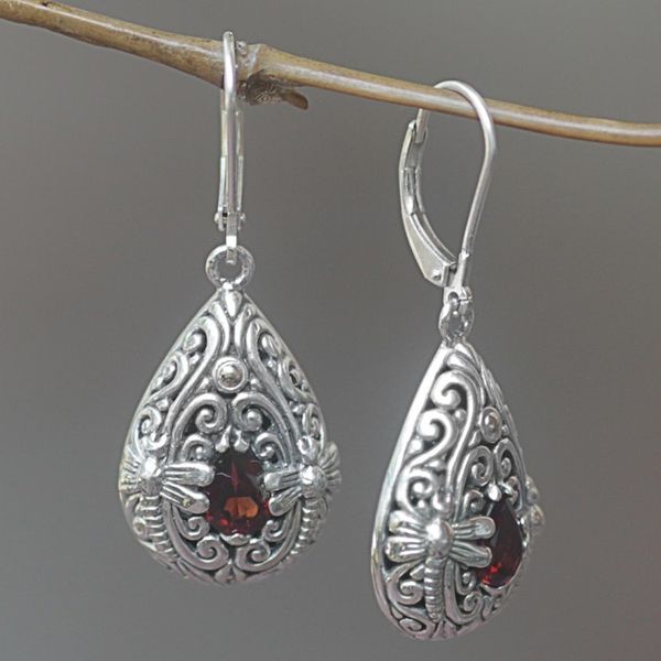 Alternate image for Garnet and Sterling Silver Handmade Dragonfly Earrings Dragonfly Duet
