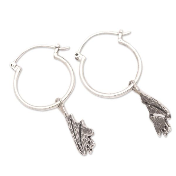 Alternate image for Sterling Silver Whimsical Bat Hoop Dangle Earrings Nocturnal Presence