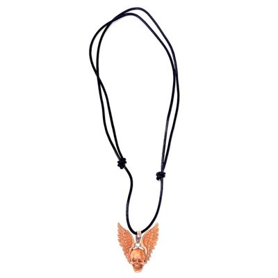 Alternate image for Hand Carved Bone Pendant Necklace of a Skull from Indonesia Flying Skull