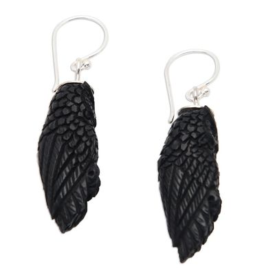 Alternate image for Dark Horn Owl-Shaped Dangle Earrings Hand-Carved in Bali Night Owls