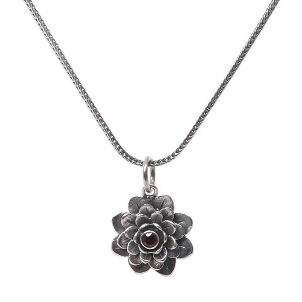 Alternate image for Floral Sterling Silver Garnet Pendant Necklace Sacred Red Lotus