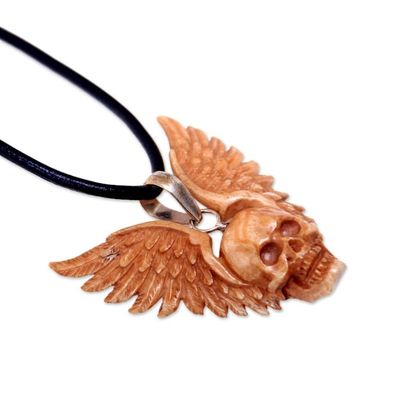 Alternate image for Hand Carved Bone Pendant Necklace of a Skull from Indonesia Flying Skull