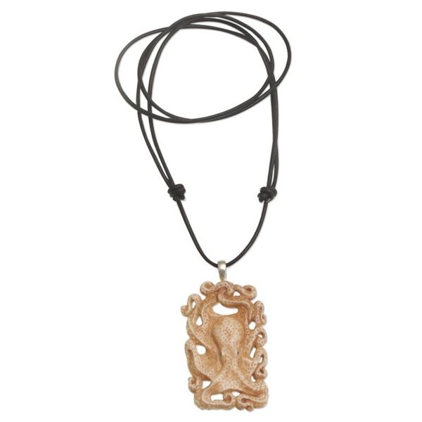 Alternate image for Handcrafted Bone Octopus Pendant Necklace from Bali Octopus Refuge