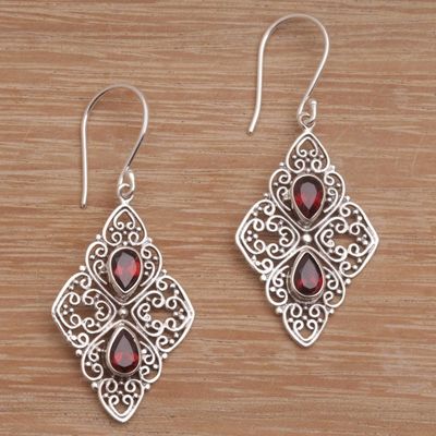 Alternate image for Ornate Dangle Earrings with Garnets and Sterling Silver Besakih Beauty