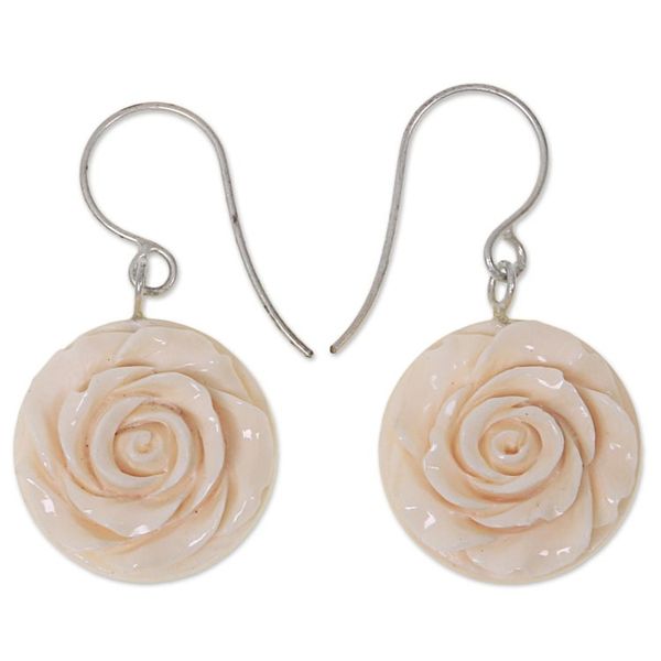 Alternate image for White Rose Dangle Earrings Hand Carved of Bone Glorious Rose