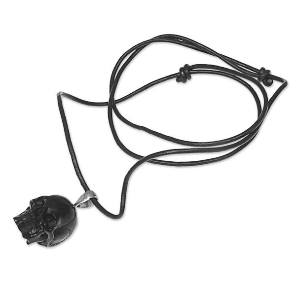 Alternate image for Carved Bone Skull Pendant on Cord Handmade in Indonesia Black Skull