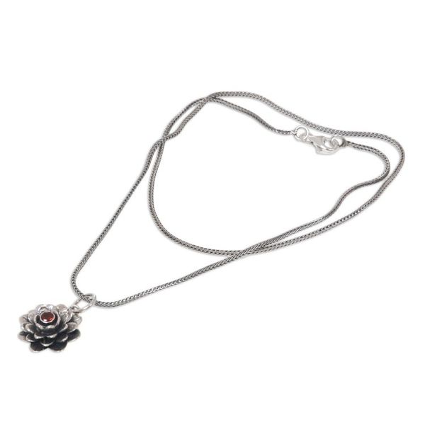 Alternate image for Floral Sterling Silver Garnet Pendant Necklace Sacred Red Lotus