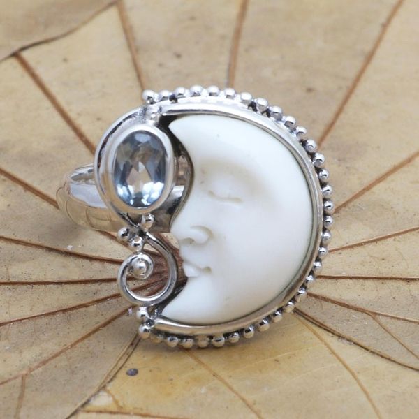 Alternate image for Blue Topaz and Sterling Silver Crescent Moon Ring Sleeping Moon