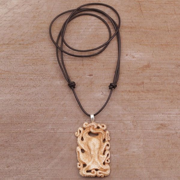 Alternate image for Handcrafted Bone Octopus Pendant Necklace from Bali Octopus Refuge