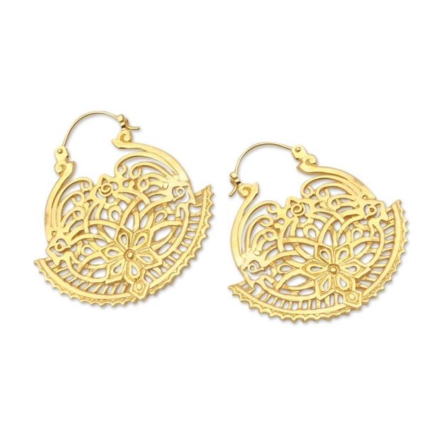 Alternate image for Artisan Made Gold-Plated Brass Hoop Earrings Swaying Blossoms
