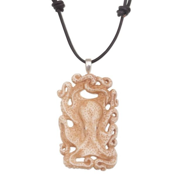 Alternate image for Handcrafted Bone Octopus Pendant Necklace from Bali Octopus Refuge