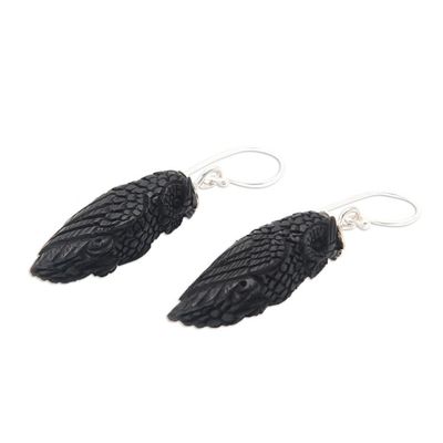 Alternate image for Dark Horn Owl-Shaped Dangle Earrings Hand-Carved in Bali Night Owls