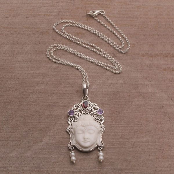 Alternate image for Multi-Gemstone Sterling Silver Buddha Necklace from Bali Buddhas Earrings