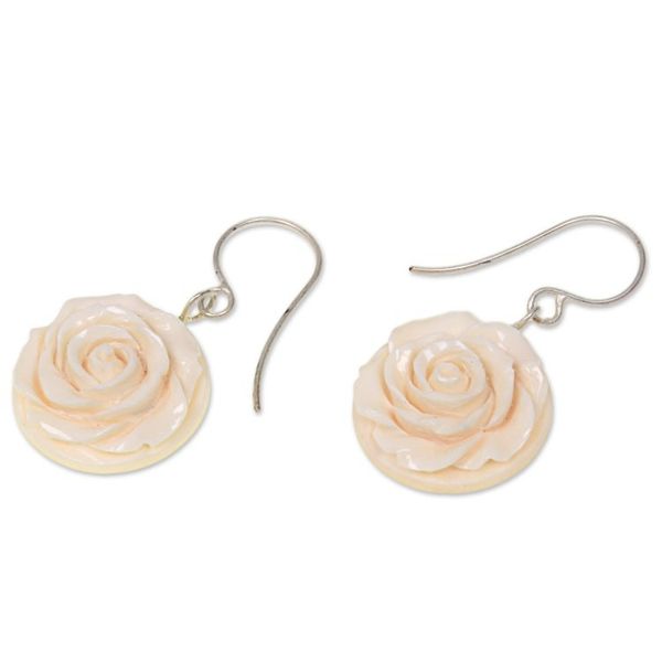 Alternate image for White Rose Dangle Earrings Hand Carved of Bone Glorious Rose