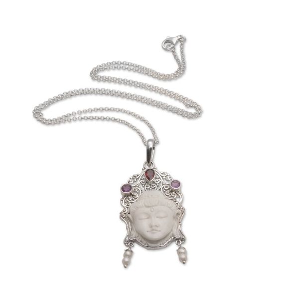 Alternate image for Multi-Gemstone Sterling Silver Buddha Necklace from Bali Buddhas Earrings