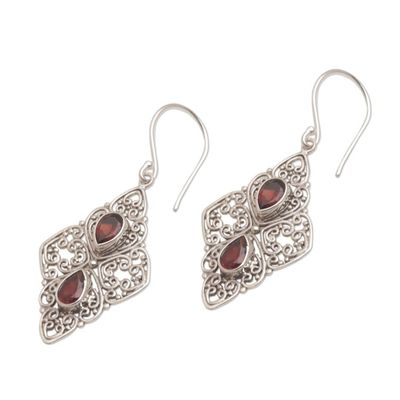 Alternate image for Ornate Dangle Earrings with Garnets and Sterling Silver Besakih Beauty
