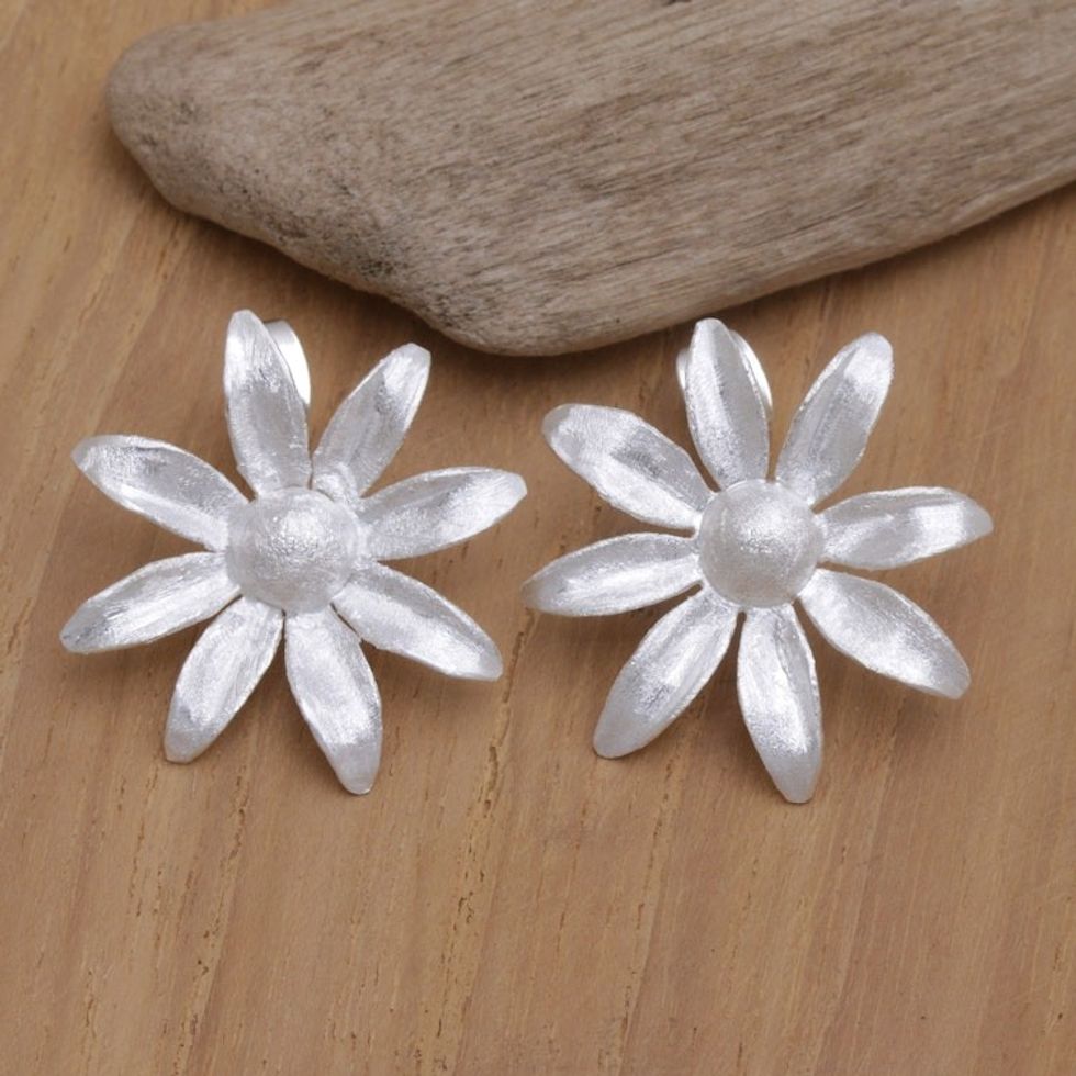 Sterling Silver Floral Drop Earrings with Brush-Satin Finish 'Snowflake Asters'