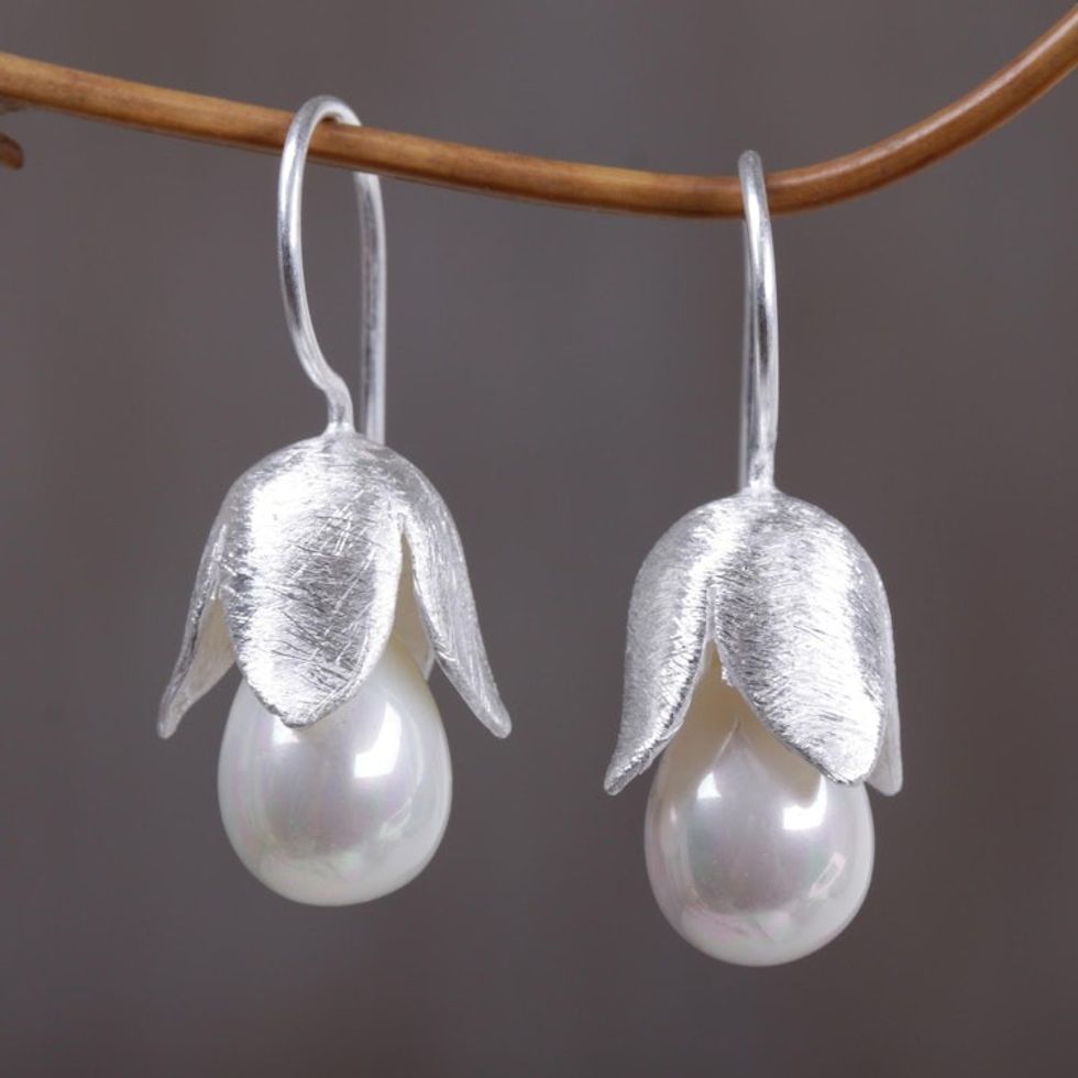 Floral Sterling Silver and Pearl Earrings 'Floral Bud'