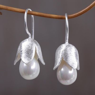 Alternate image for Floral Sterling Silver and Pearl Earrings Floral Bud