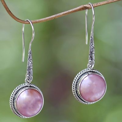 Alternate image for Balinese Cultured Pink Pearl Dangle Earrings Balinese Camellia
