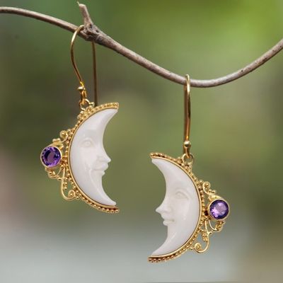Alternate image for Gold Plated Amethyst Crescent Moon Dangle Earrings from Bali Regal Crescents