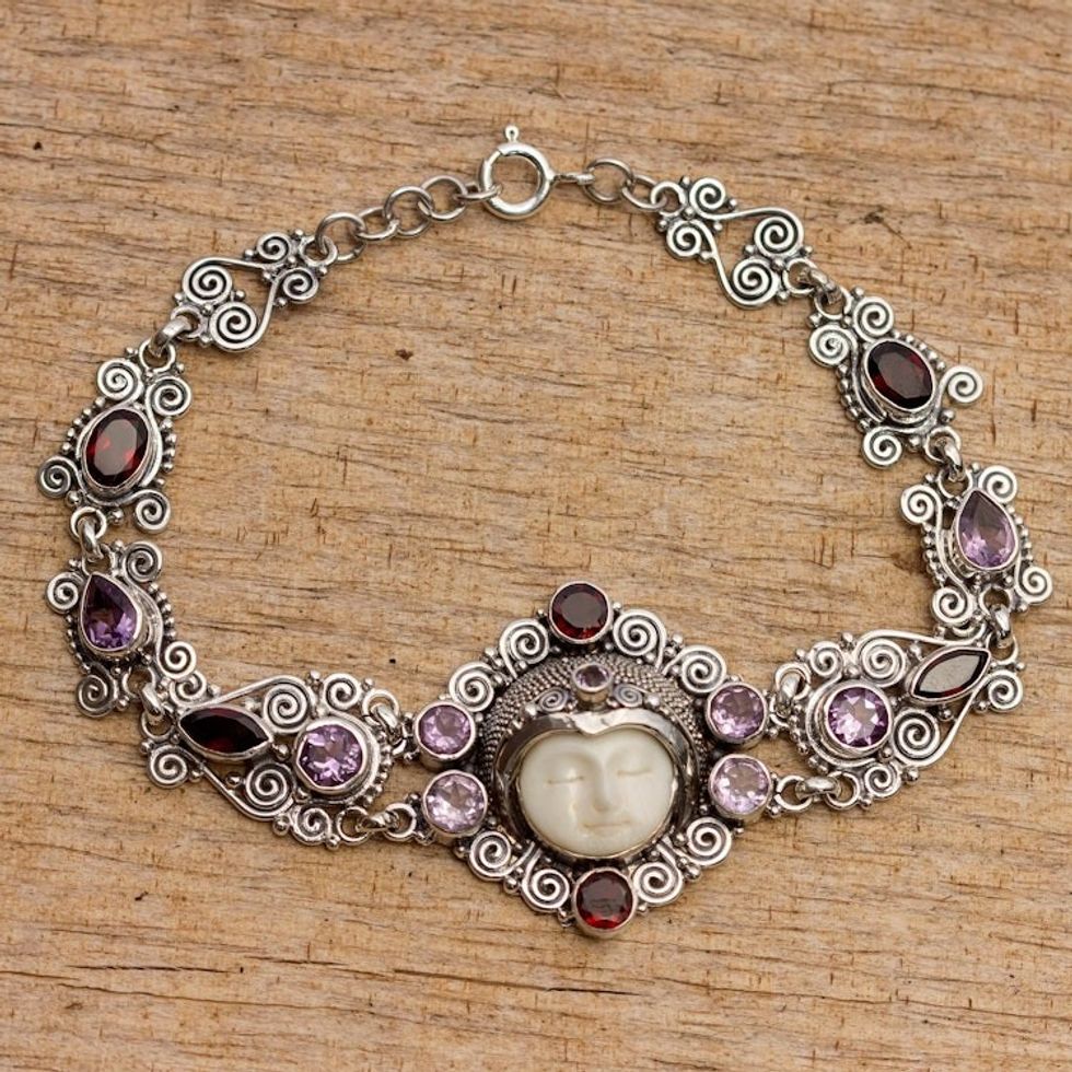 Amethyst and Garnet Sterling Silver Link Bracelet from Bali 'Sleeping Princess'