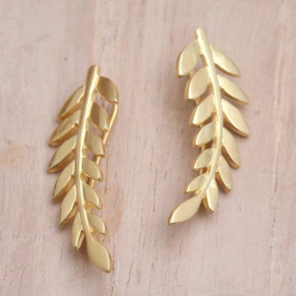 Alternate image for Gold-Plated Ear Climber Earrings with Frond Motif Golden Frond